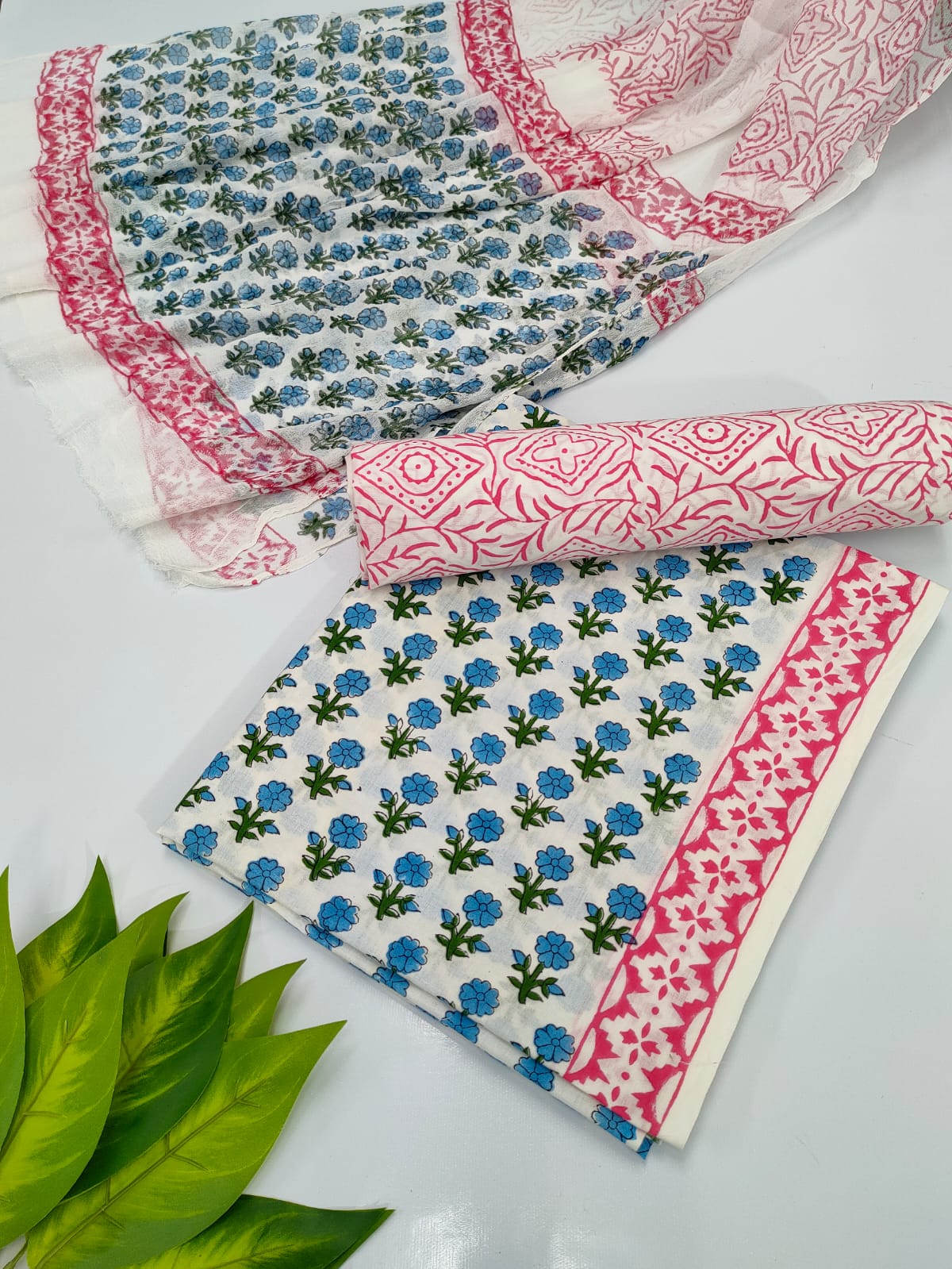 Hand Block Cotton Salwar Suit Set with Chiffon Dupatta  - TSPSCFVJ89