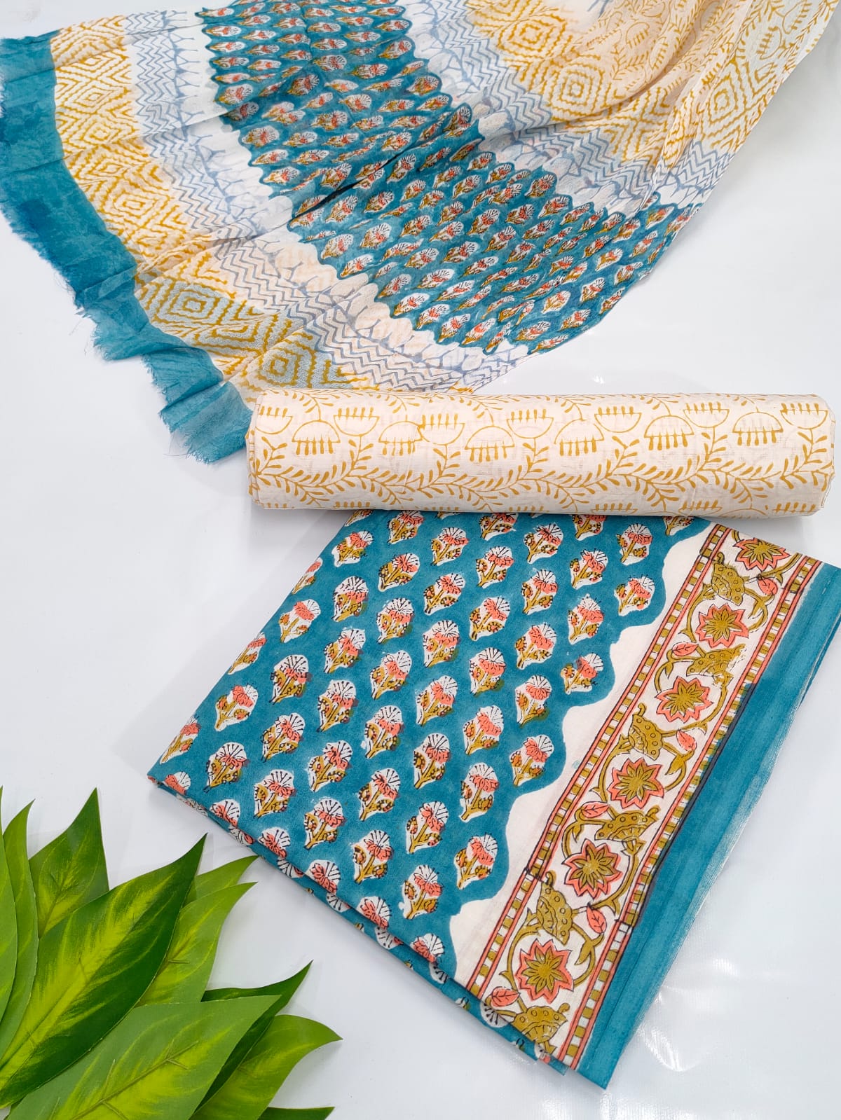 Hand Block Cotton Salwar Suit Set with Chiffon Dupatta  - TSPSCHVV13