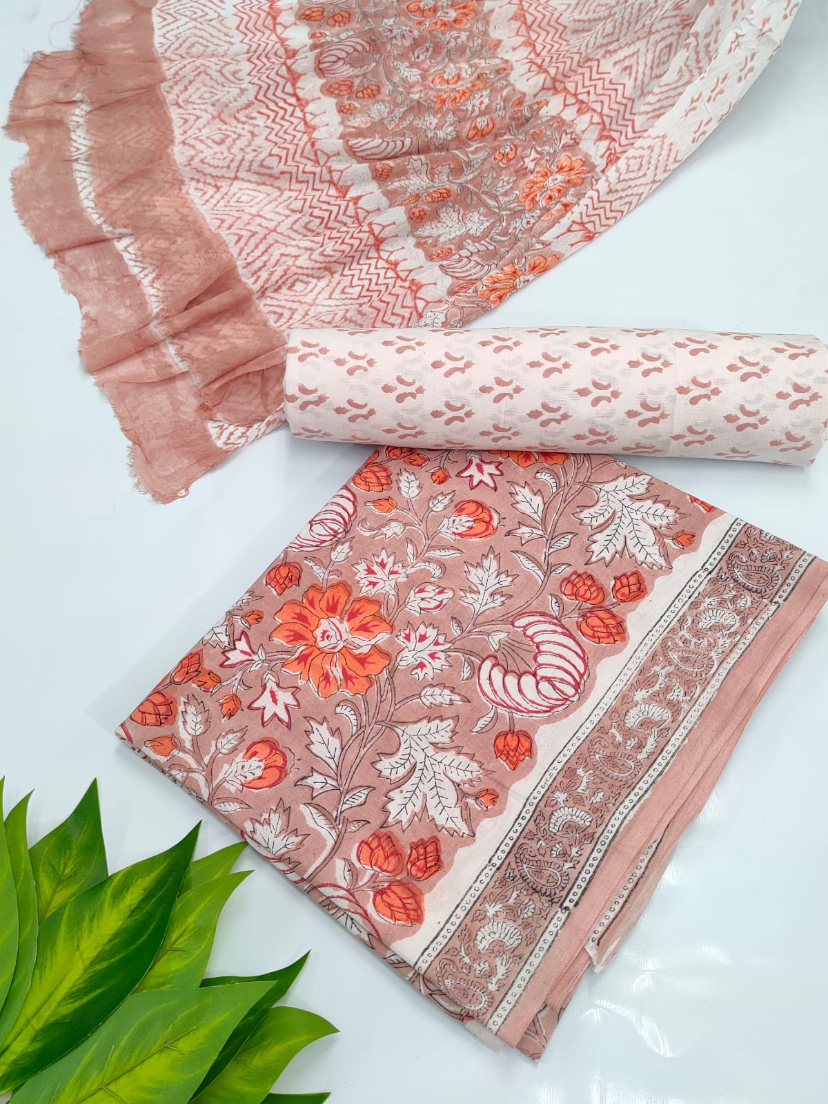 Hand Block Cotton Salwar Suit Set with Chiffon Dupatta  - TSPSCHVV26