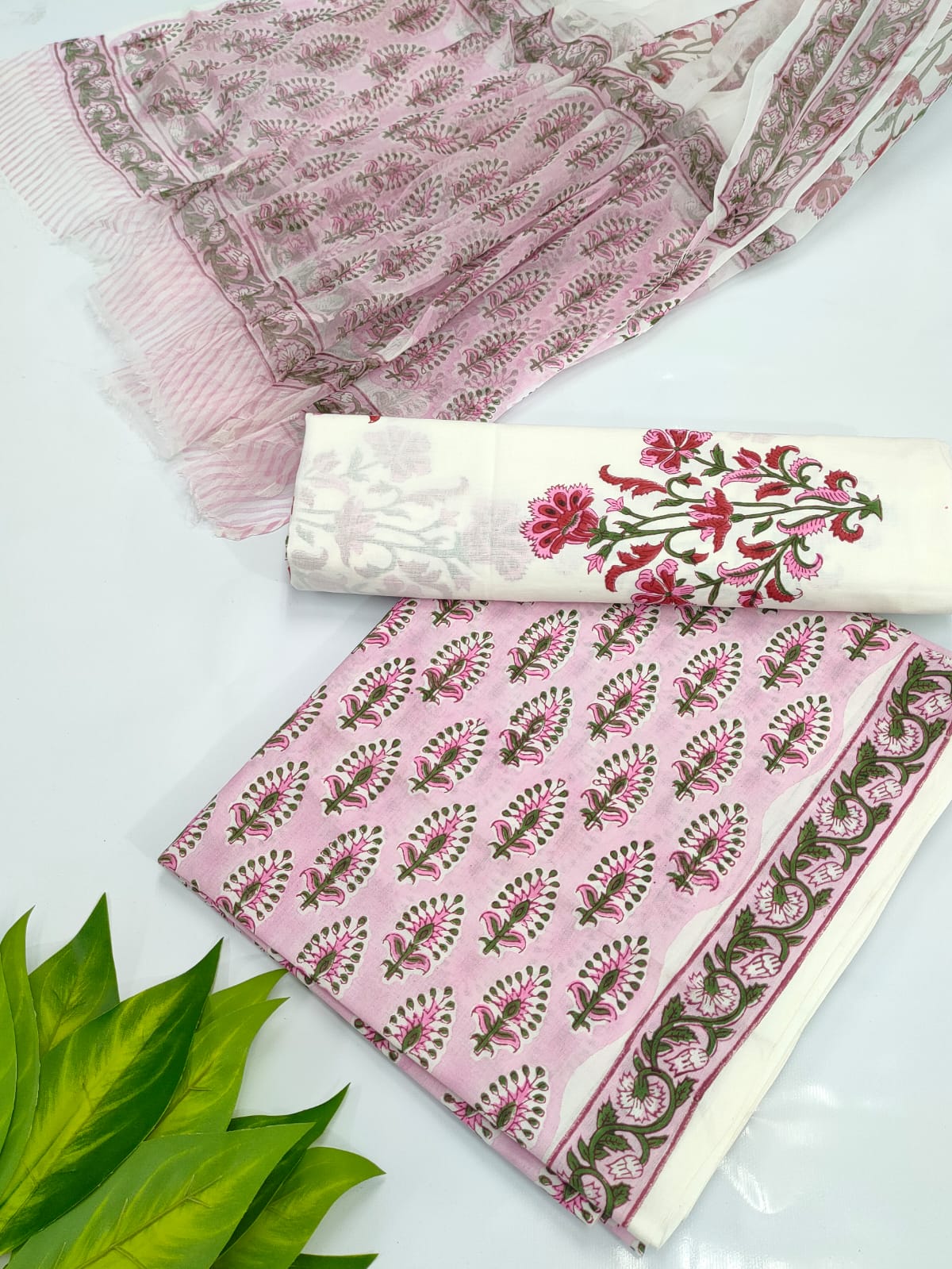 Hand Block Cotton Salwar Suit Set with Chiffon Dupatta  - TSPSCHVV2