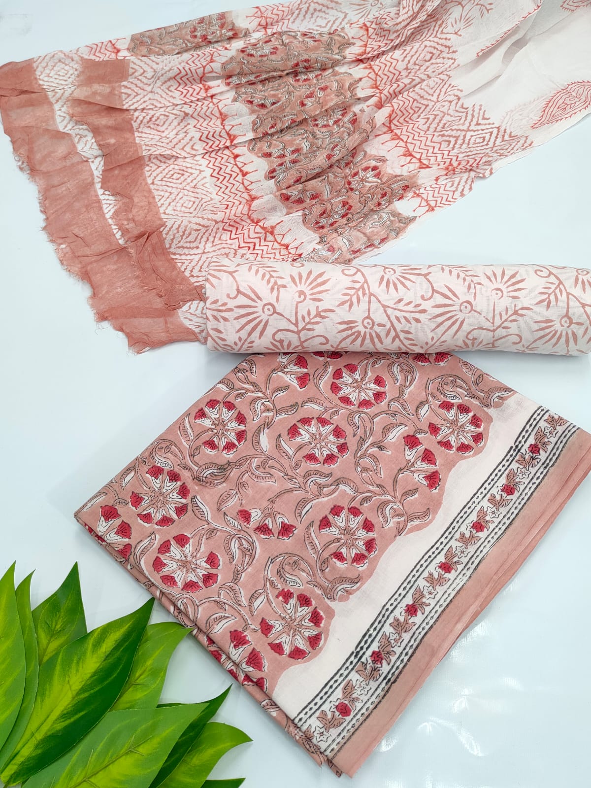 Hand Block Cotton Salwar Suit Set with Chiffon Dupatta  - TSPSCHVV40