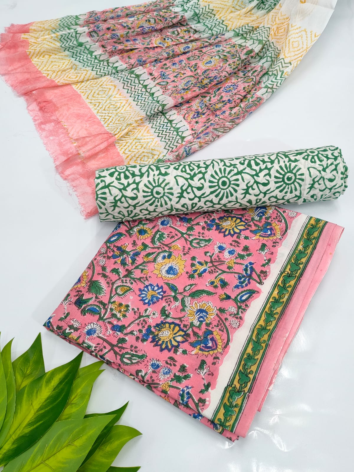 Hand Block Cotton Salwar Suit Set with Chiffon Dupatta  - TSPSCHVV8