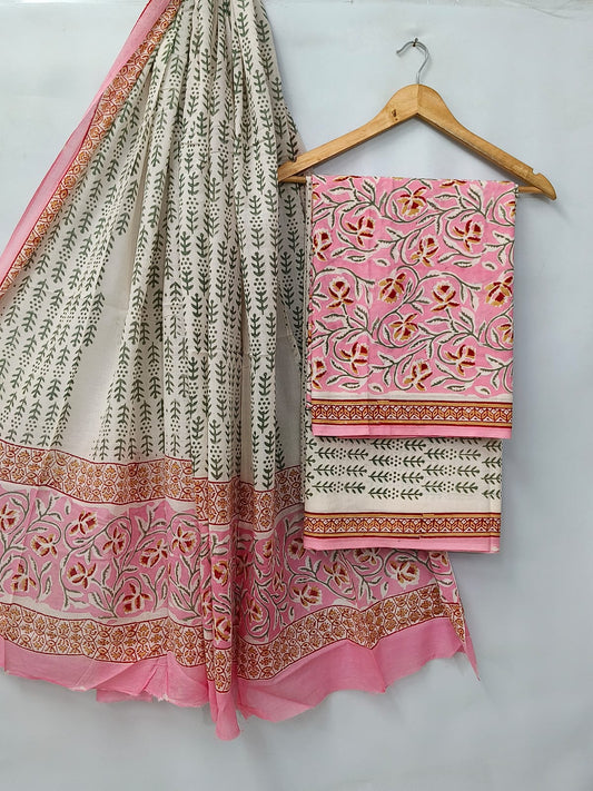 Hand Block Cotton Salwar Suit Set with Cotton Dupatta  - TSPSMVV2