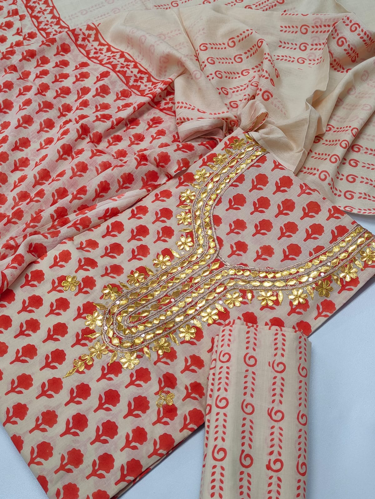 Cotton Gota Patti Neck Work Block Printed Suit Set with Cotton Dupatta - TSPSGPMVJ11