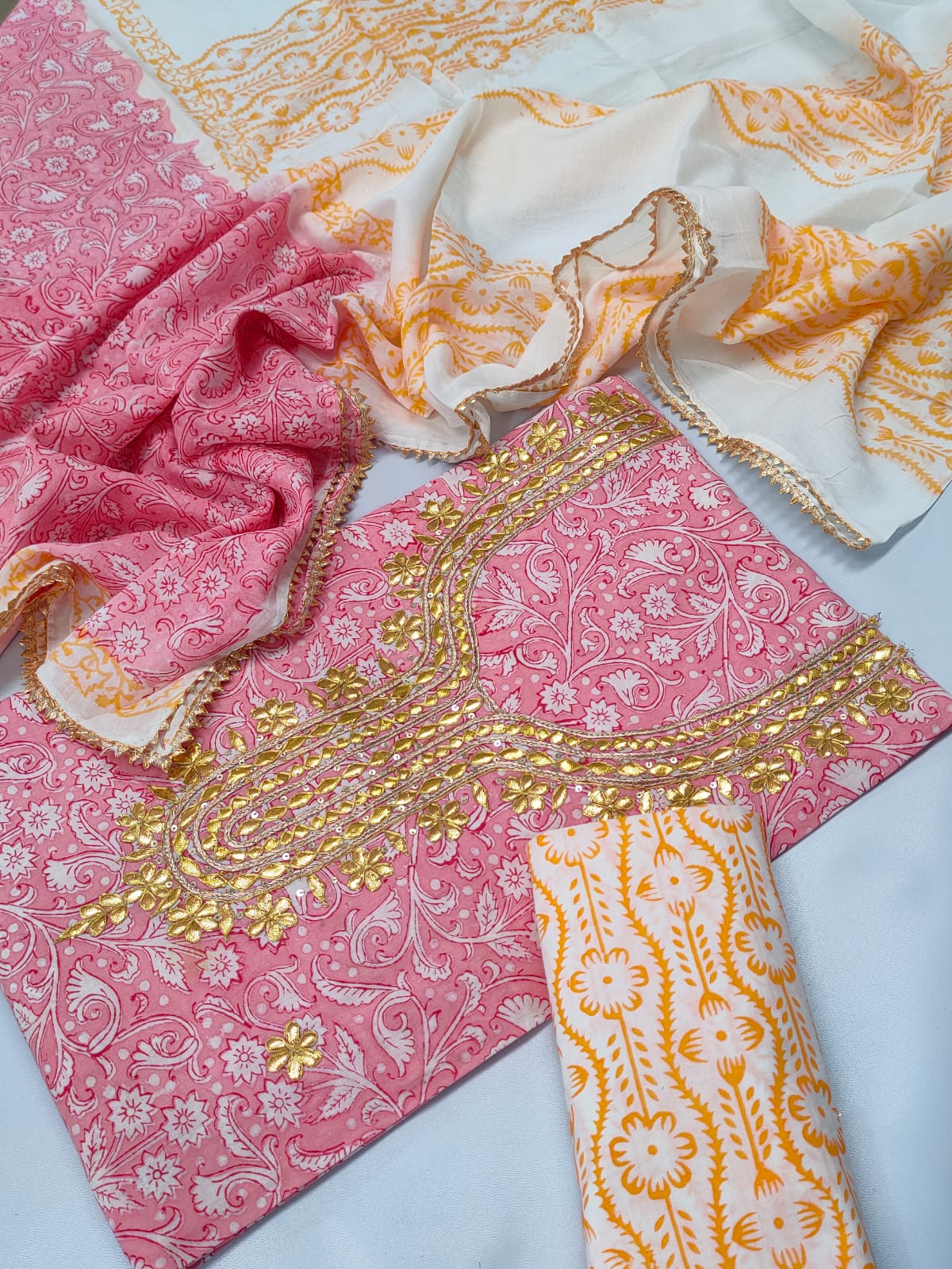 Cotton Gota Patti Neck Work Block Printed Suit Set with Cotton Dupatta - TSPSGPMVJ14