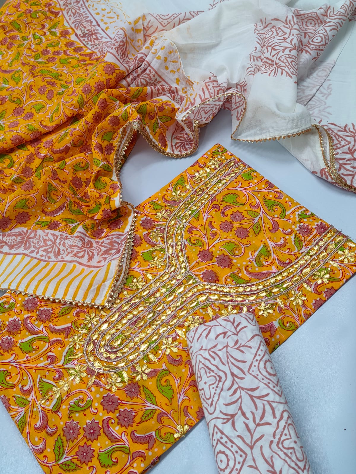 Cotton Gota Patti Neck Work Block Printed Suit Set with Cotton Dupatta - TSPSGPMVJ17