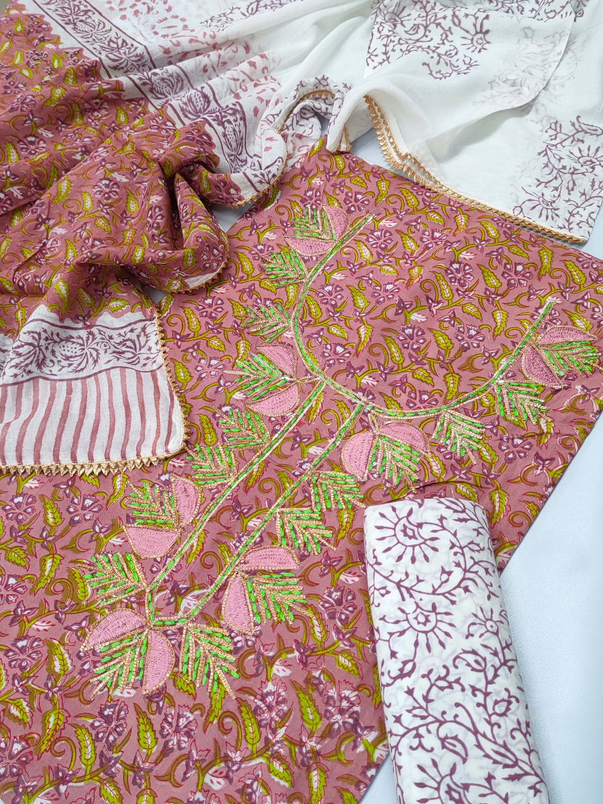 Cotton Gota Patti Neck Work Block Printed Suit Set with Cotton Dupatta - TSPSGPMVJ23
