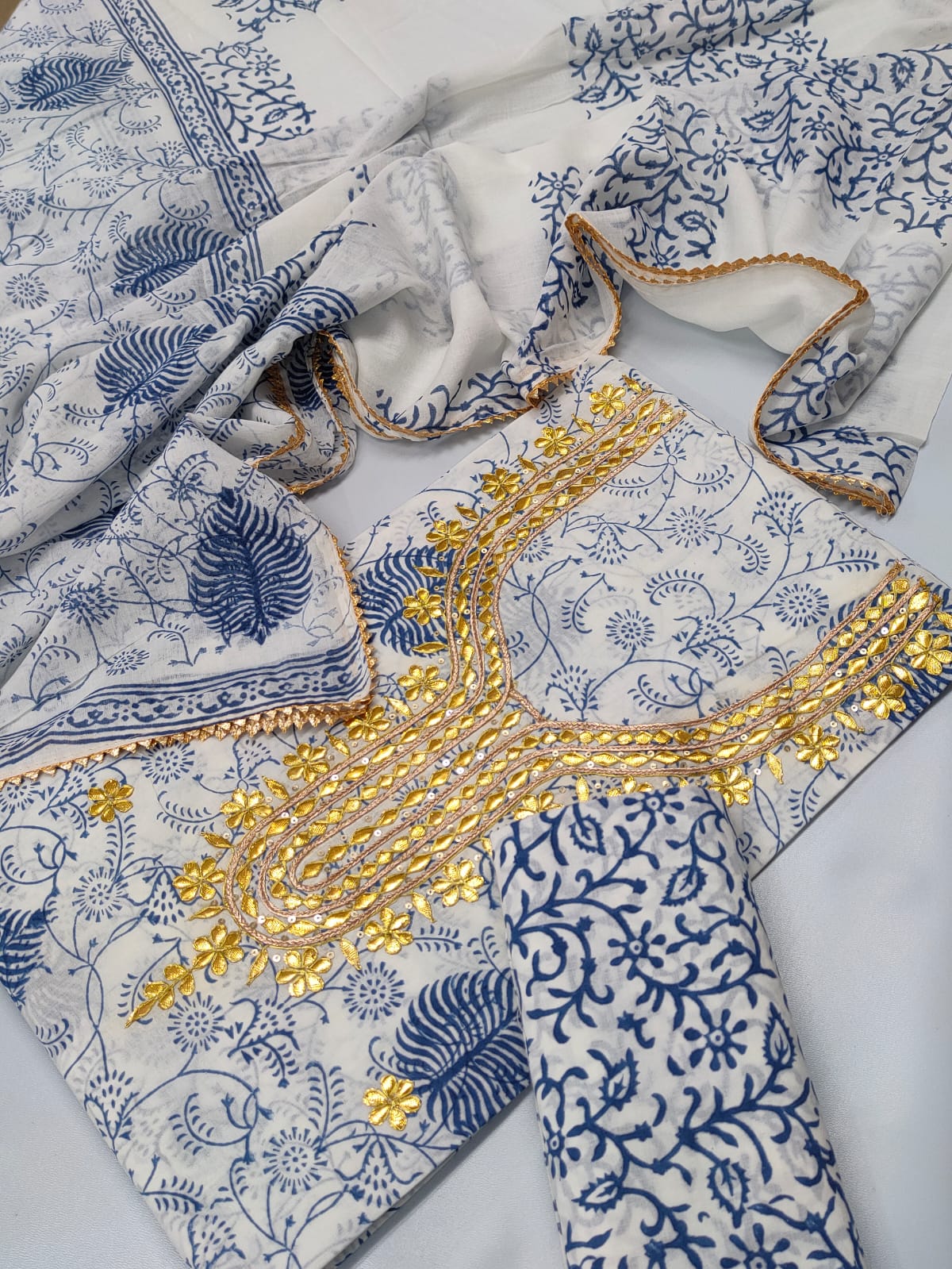 Cotton Gota Patti Neck Work Block Printed Suit Set with Cotton Dupatta - TSPSGPMVJ26