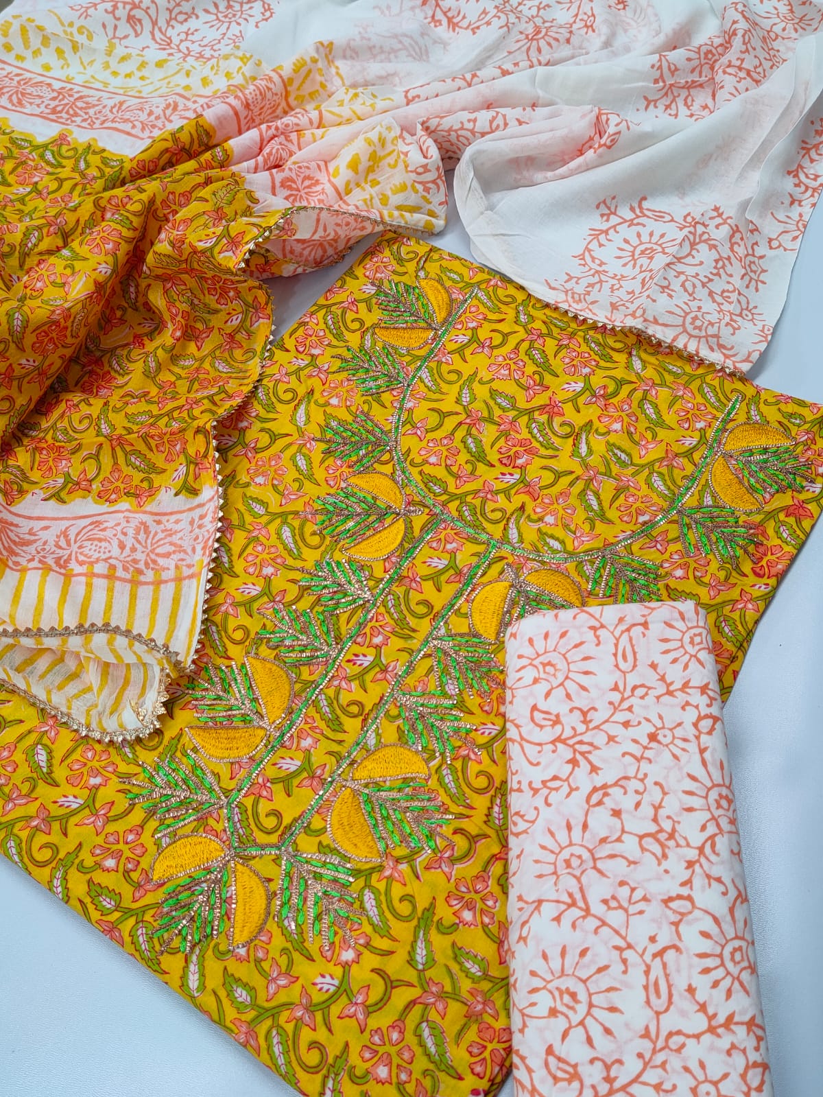 Cotton Gota Patti Neck Work Block Printed Suit Set with Cotton Dupatta - TSPSGPMVJ41