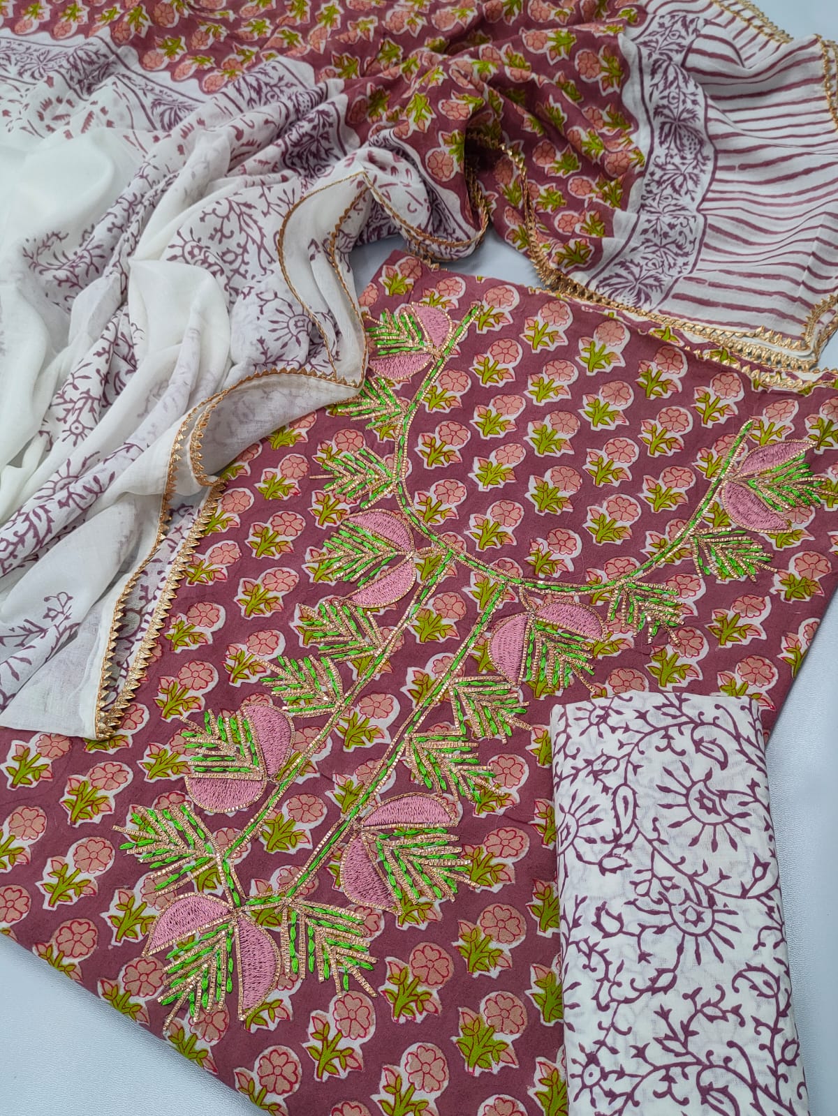 Cotton Gota Patti Neck Work Block Printed Suit Set with Cotton Dupatta - TSPSGPMVJ44