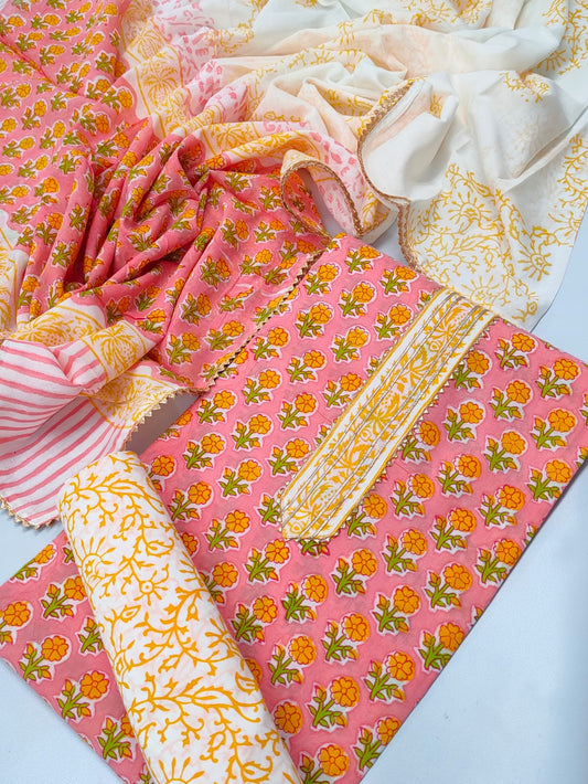 Tie Work Hand Block Suit Set with Cotton Dupatta - TSPSTWCHVJ11