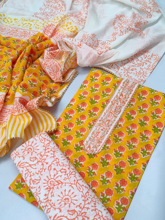 Tie Work Hand Block Suit Set with Cotton Dupatta - TSPSTWCHVJ12