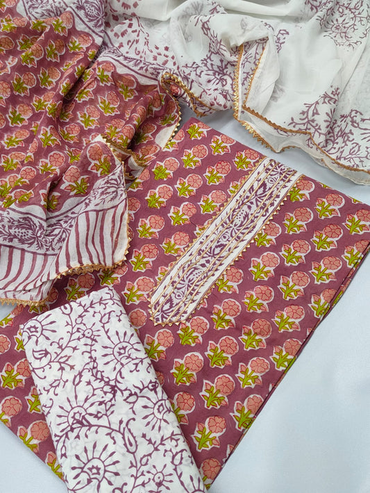 Tie Work Hand Block Suit Set with Cotton Dupatta - TSPSTWCHVJ1