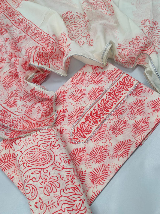 Tie Work Hand Block Suit Set with Cotton Dupatta - TSPSTWCHVJ2