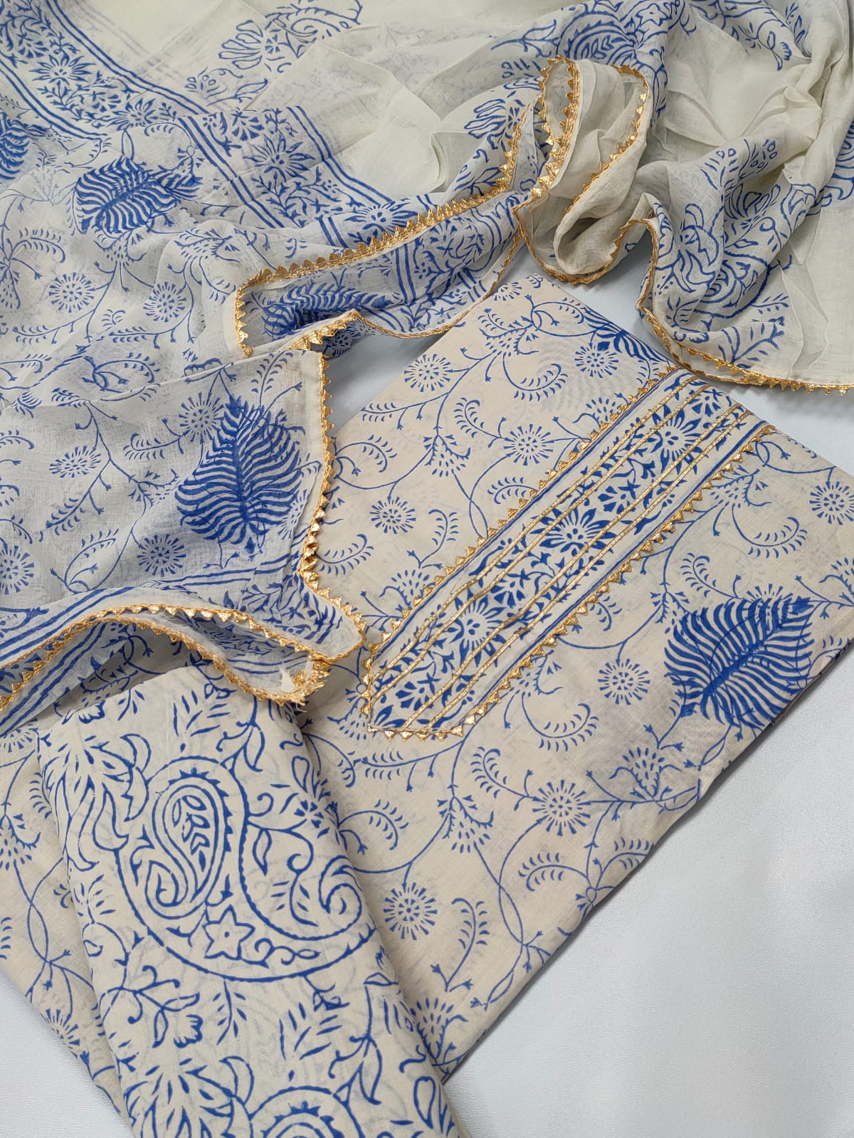 Tie Work Hand Block Suit Set with Cotton Dupatta - TSPSTWCHVJ3