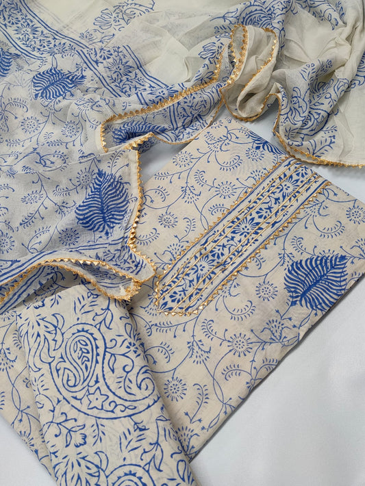 Tie Work Hand Block Suit Set with Cotton Dupatta - TSPSTWCHVJ3