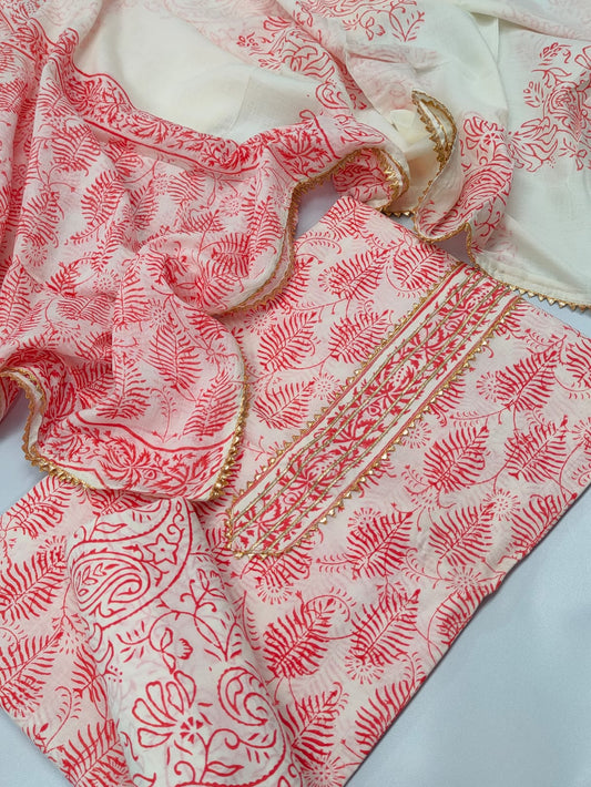 Tie Work Hand Block Suit Set with Cotton Dupatta - TSPSTWCHVJ4