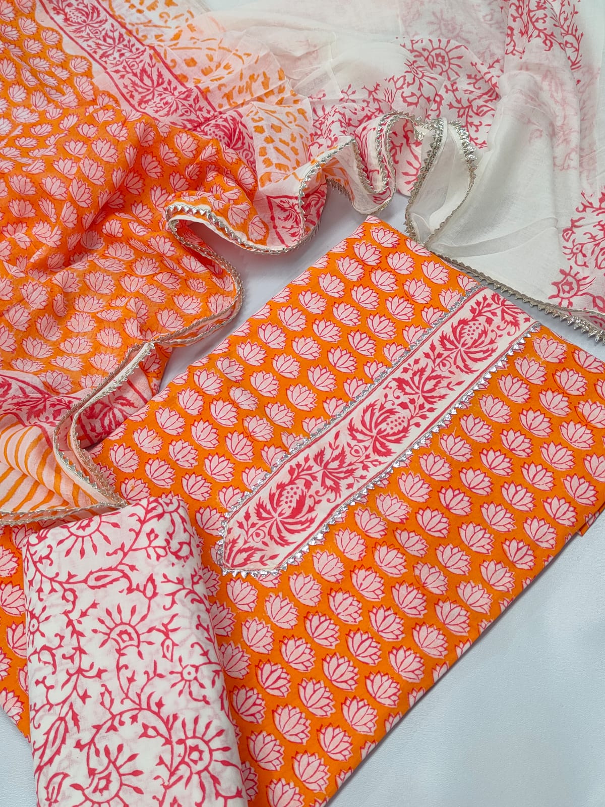Tie Work Hand Block Suit Set with Cotton Dupatta - TSPSTWCHVJ5