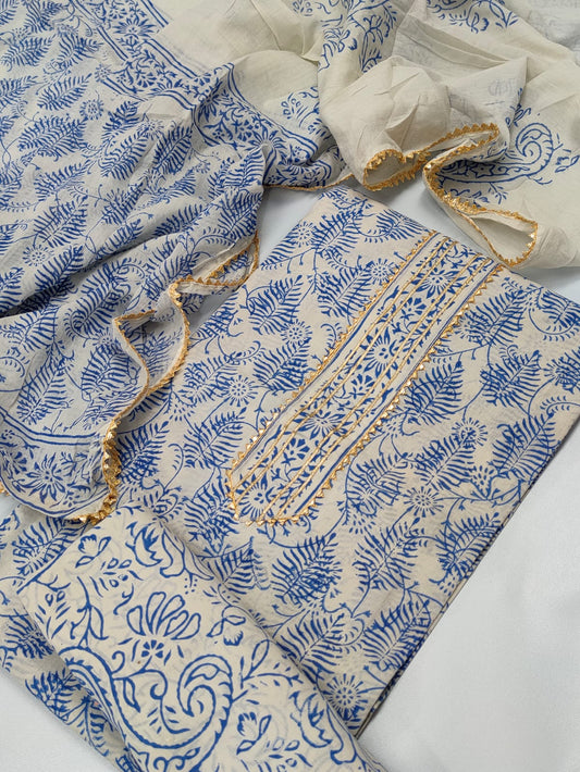 Tie Work Hand Block Suit Set with Cotton Dupatta - TSPSTWCHVJ6
