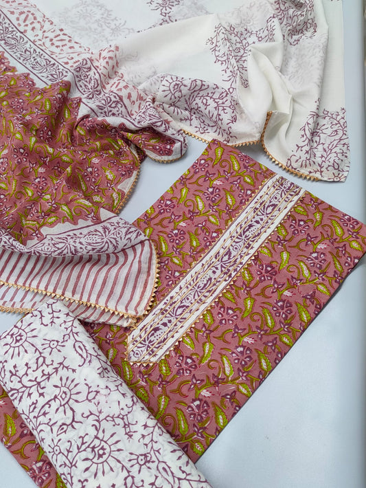Tie Work Hand Block Suit Set with Cotton Dupatta - TSPSTWCHVJ8