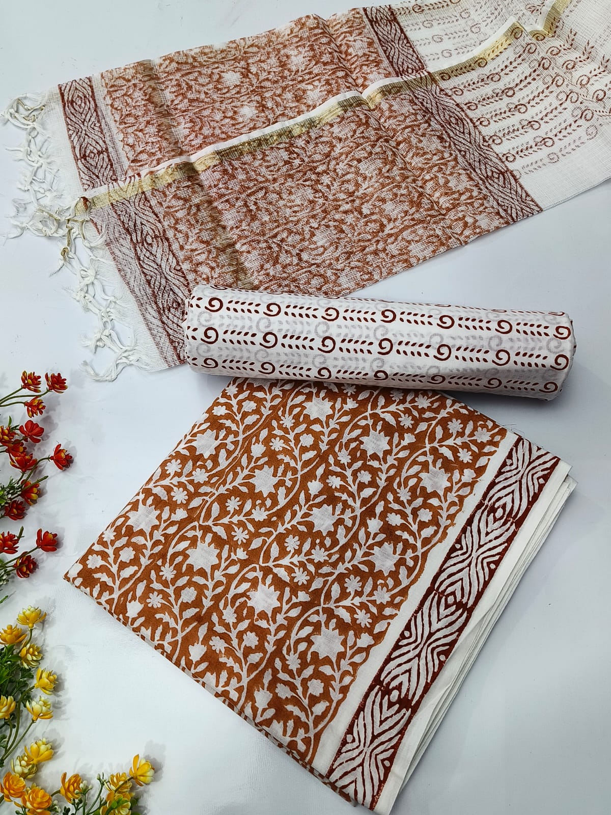 Hand Block Cotton Salwar Suit Set with Kota Doriya Dupatta  - TSPSKDVJ2