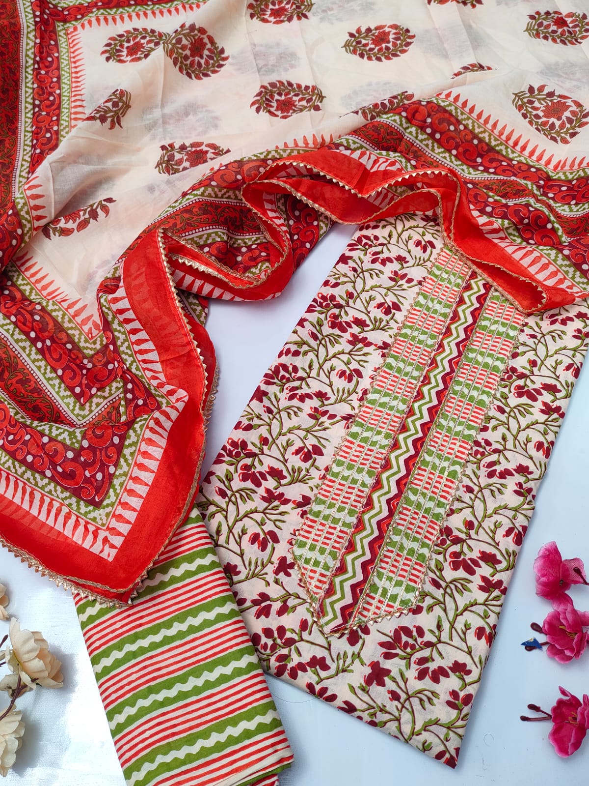 Tie Work Suit Set with Cotton Dupatta - TSPSMTWVJ14