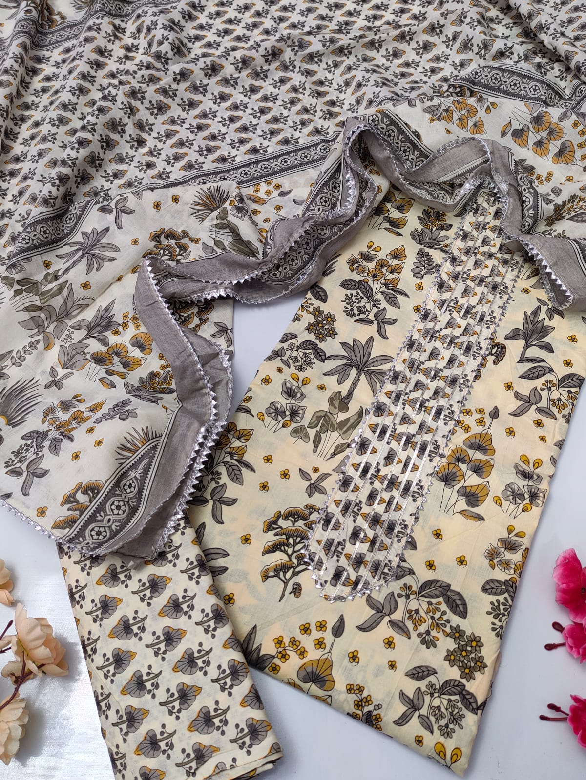 Tie Work Suit Set with Cotton Dupatta - TSPSMTWVJ16