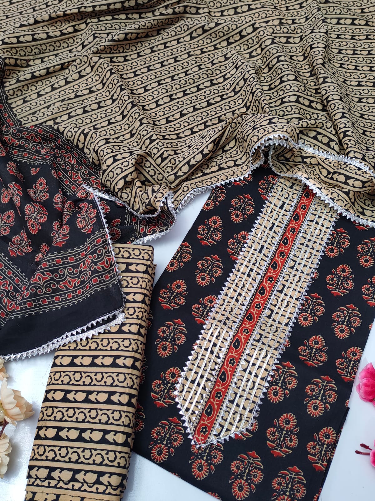 Tie Work Suit Set with Cotton Dupatta - TSPSMTWVJ1