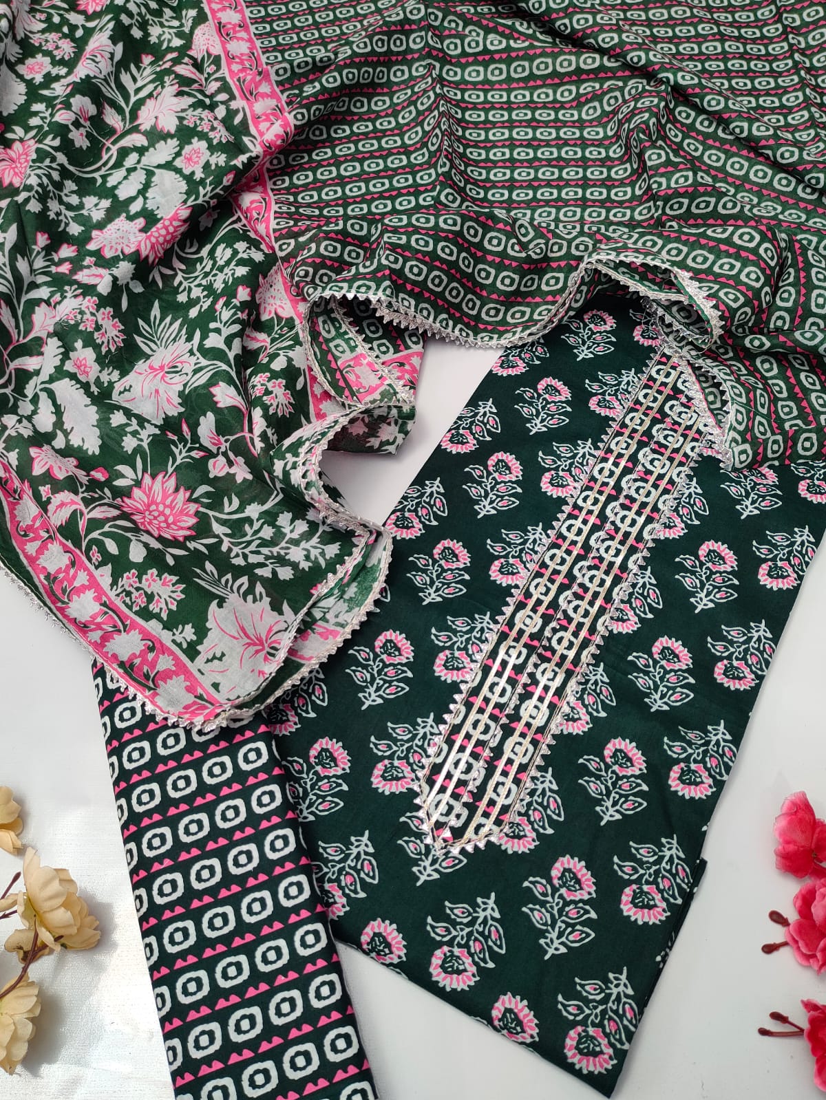 Tie Work Suit Set with Cotton Dupatta - TSPSMTWVJ25