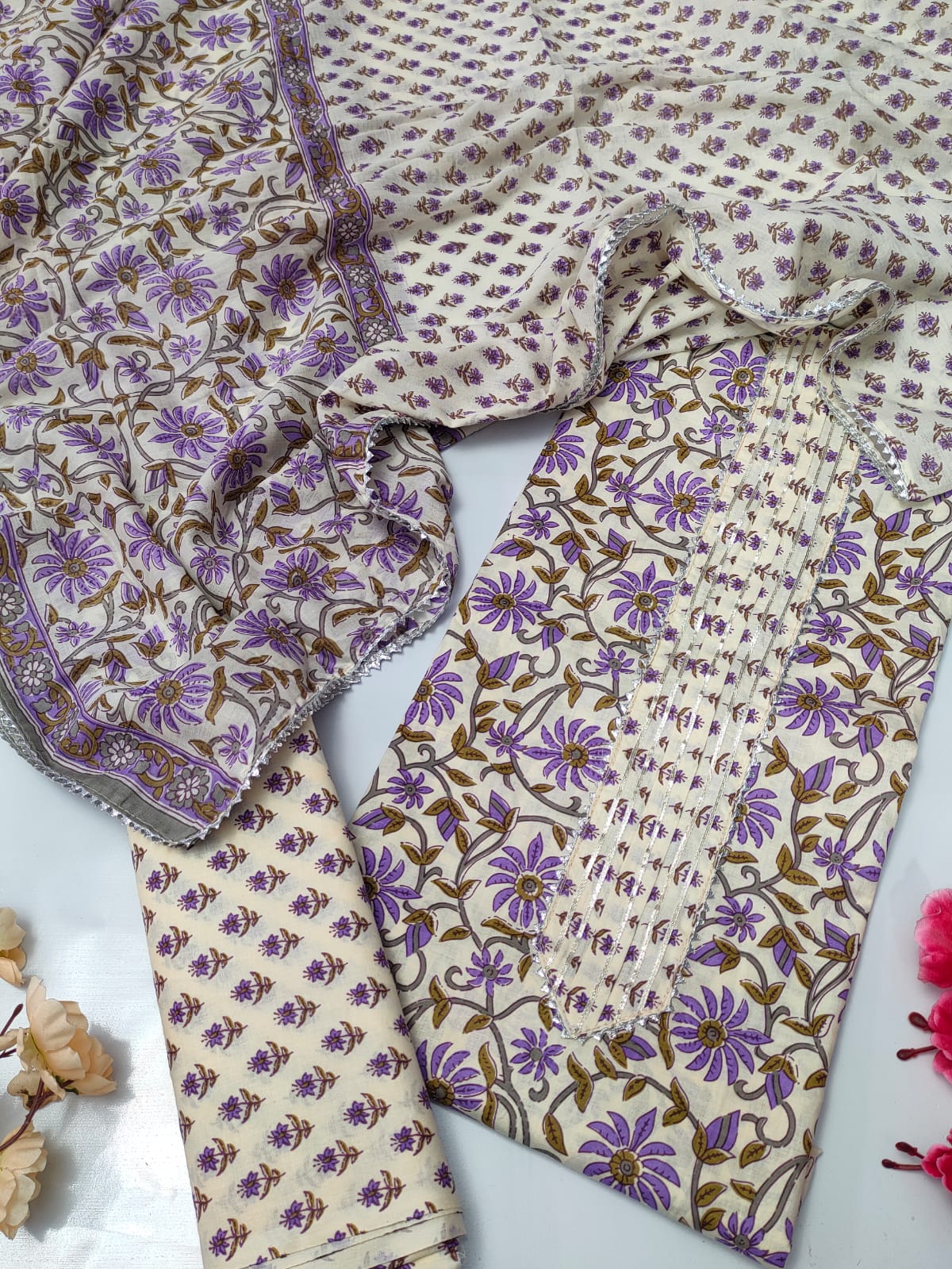 Tie Work Suit Set with Cotton Dupatta - TSPSMTWVJ33