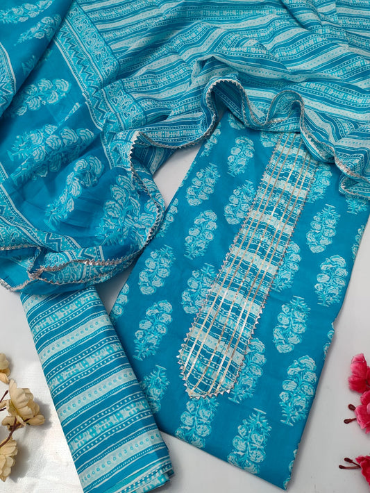 Tie Work Suit Set with Cotton Dupatta - TSPSMTWVJ34