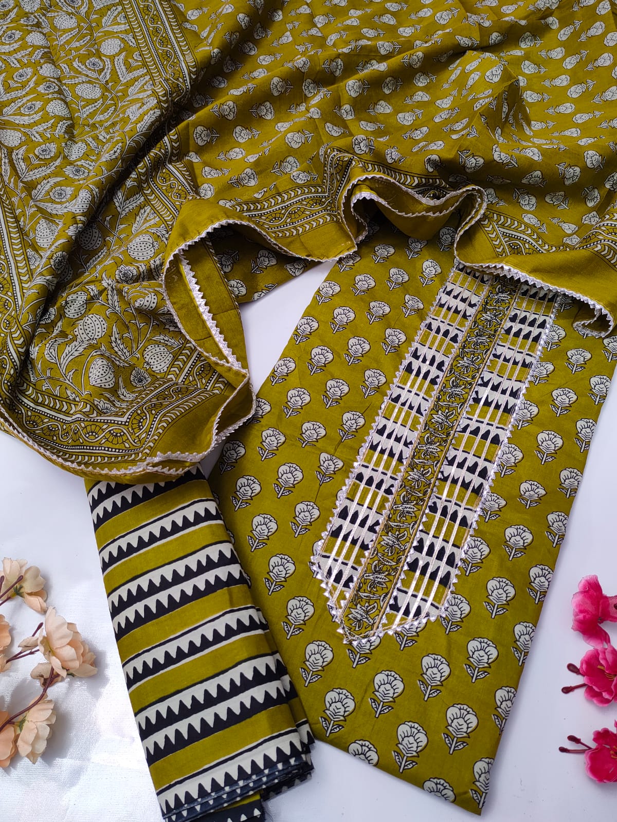 Tie Work Suit Set with Cotton Dupatta - TSPSMTWVJ3