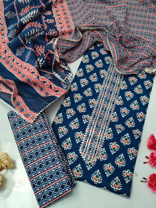 Tie Work Suit Set with Cotton Dupatta - TSPSMTWVJ40