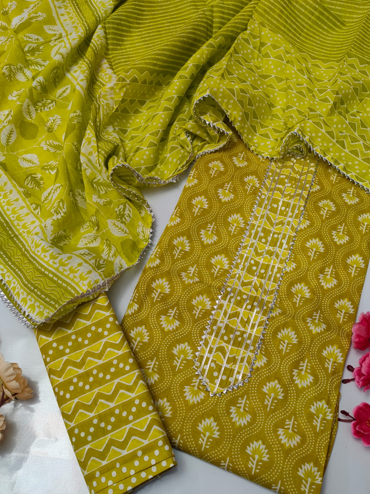 Tie Work Suit Set with Cotton Dupatta - TSPSMTWVJ41