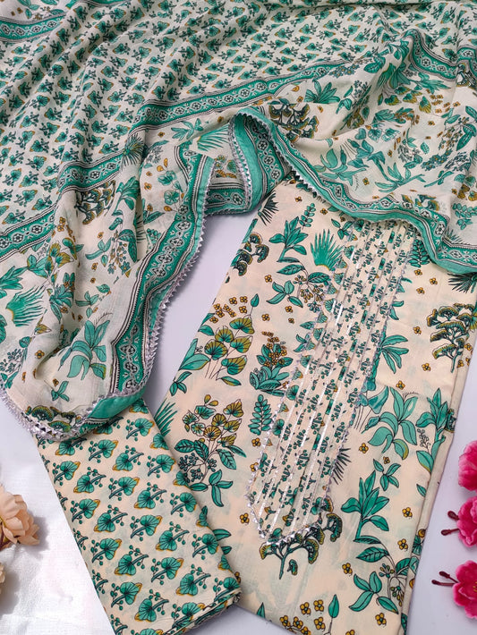 Tie Work Suit Set with Cotton Dupatta - TSPSMTWVJ46