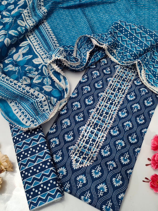 Tie Work Suit Set with Cotton Dupatta - TSPSMTWVJ47