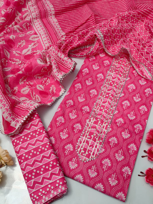 Tie Work Suit Set with Cotton Dupatta - TSPSMTWVJ48