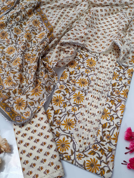 Tie Work Suit Set with Cotton Dupatta - TSPSMTWVJ49