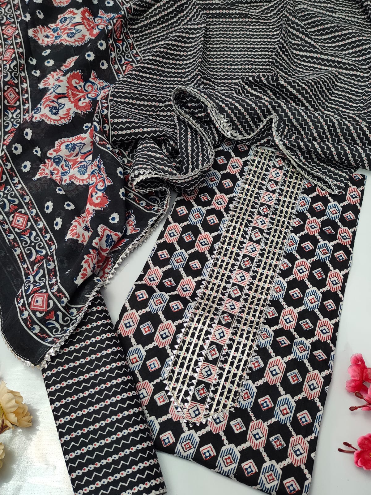 Tie Work Suit Set with Cotton Dupatta - TSPSMTWVJ50