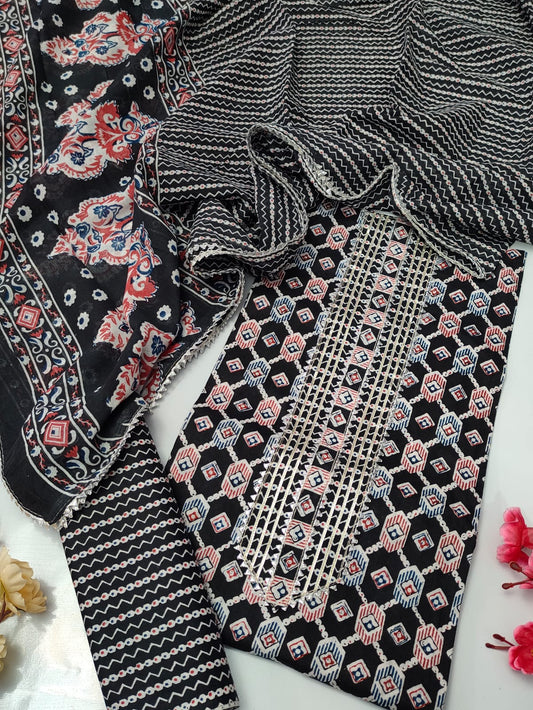 Tie Work Suit Set with Cotton Dupatta - TSPSMTWVJ50