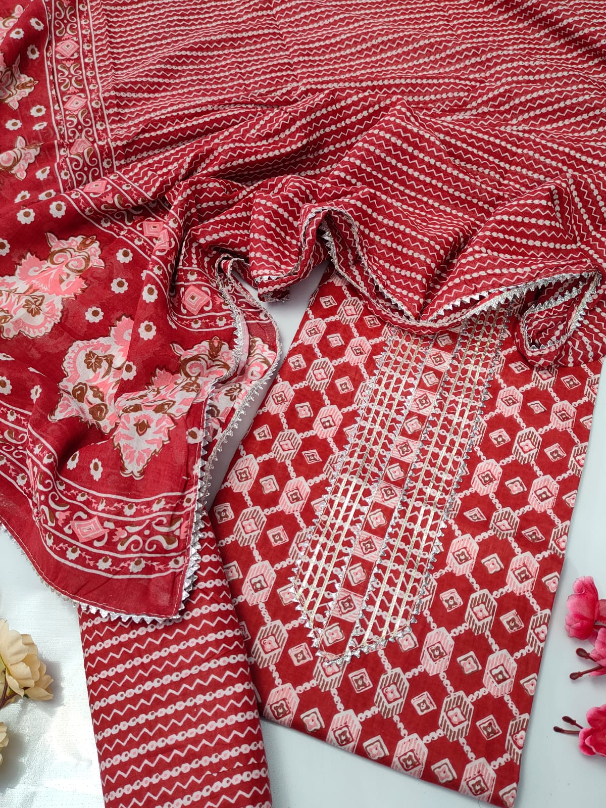 Tie Work Suit Set with Cotton Dupatta - TSPSMTWVJ54