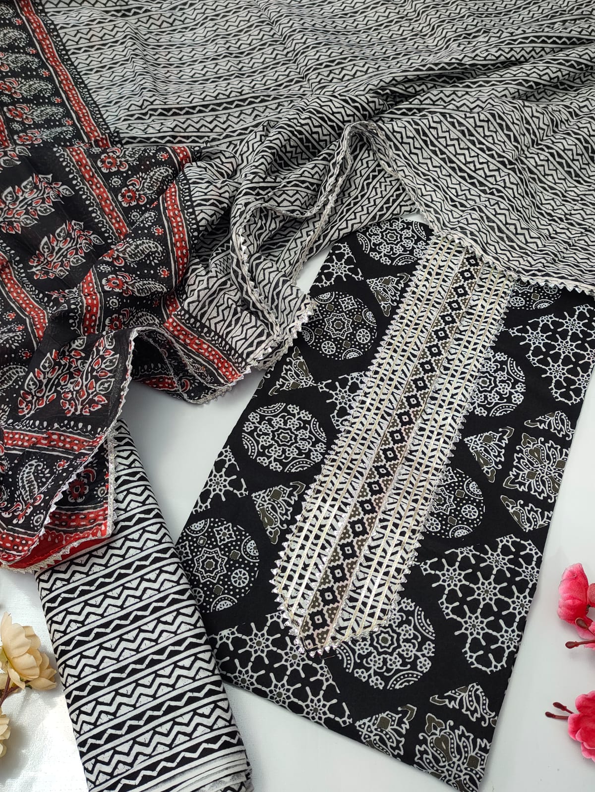 Tie Work Suit Set with Cotton Dupatta - TSPSMTWVJ60