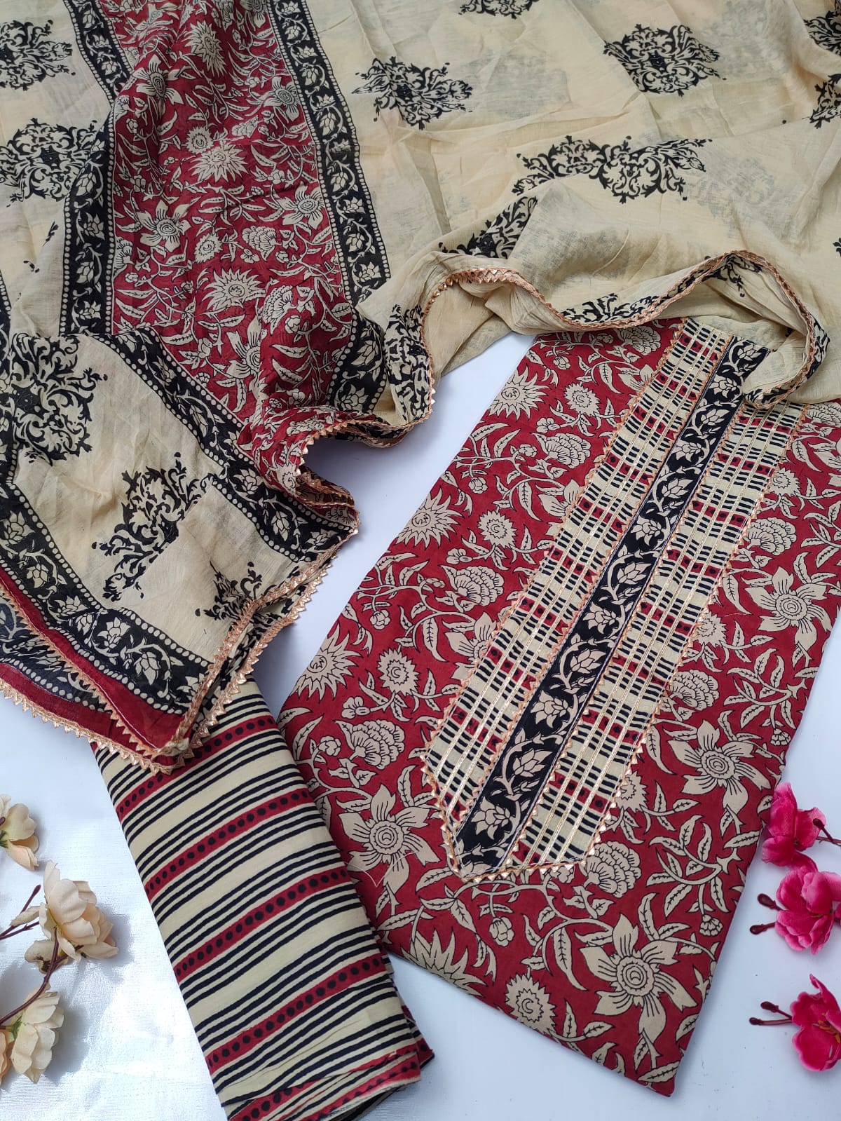 Tie Work Suit Set with Cotton Dupatta - TSPSMTWVJ6