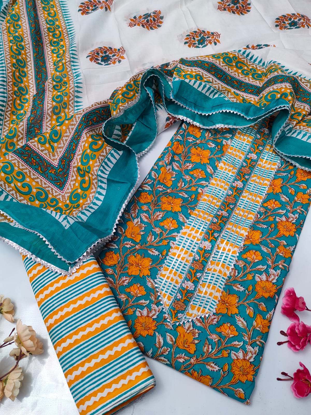Tie Work Suit Set with Cotton Dupatta - TSPSMTWVJ7