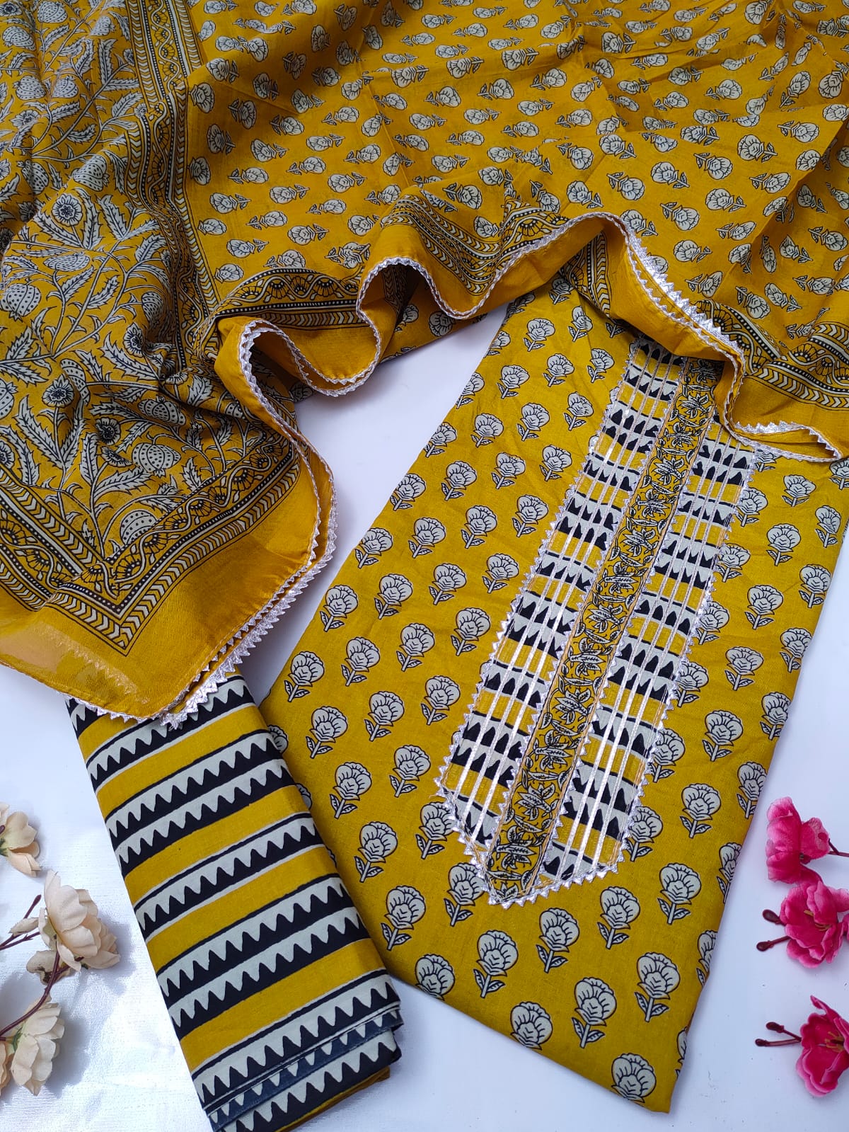 Tie Work Suit Set with Cotton Dupatta - TSPSMTWVJ8