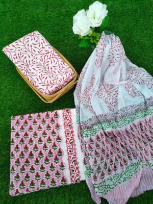 Hand Block Printed Chiffon Dupatta Salwar Suit Set – JBOCF59