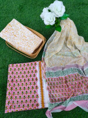 Hand Block Printed Chiffon Dupatta Salwar Suit Set – JBOCF94
